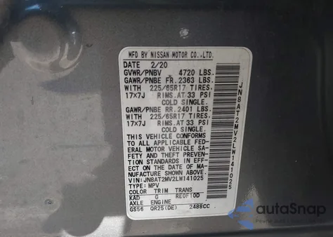 2020 Nissan Rogue Sv Intelligent Awd from USA, damaged, VIN JN8AT2MV2LW141025